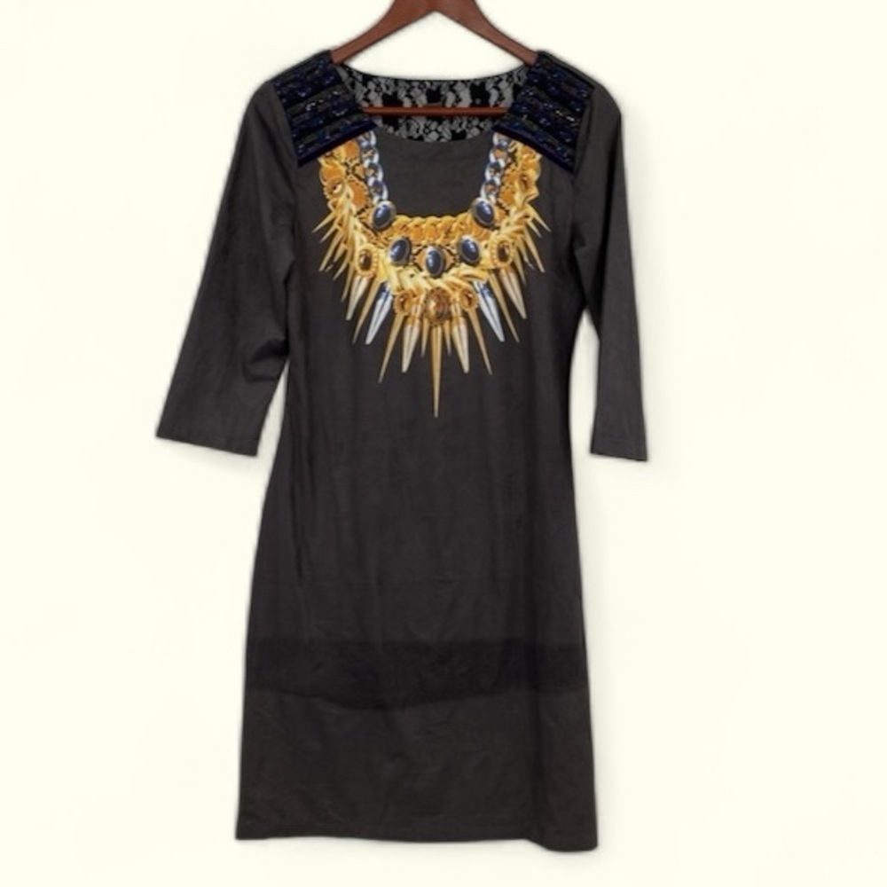 Custo Barcelona Shift Dress Womens Size 2 Gray 3/4‎ Sleeve Y2K Embroidered Tunic